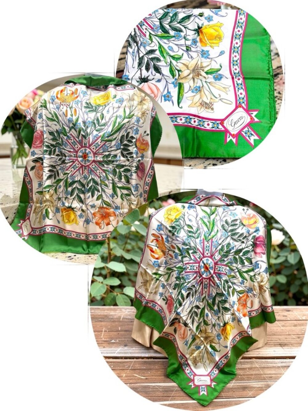Beautiful Gucci V. ACCORNERO Floral Silk Satin Scarf  Green Beige Pink Flora (22 - Picture 15 of 16